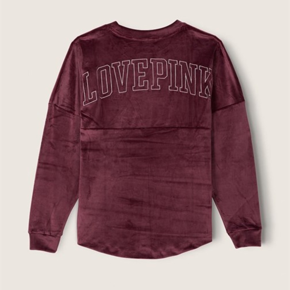 Victoria's Secret PINK velour varsity crew neck sweatshirt in burgundy